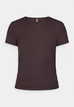 Short-sleeve brown t-shirt made of ribbed fabric with a round neckline and fitted design, featuring subtle side gathering details.