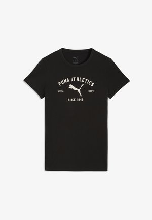 Fekete, rövid ujjú Puma Athletics póló fehér logóval és az "ATHL. DEPT. SINCE 1948" felirattal az elején, középen, a kerek nyakkivágás alatt.