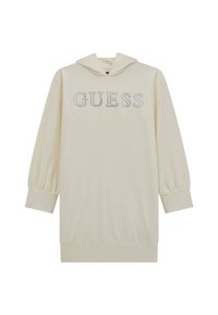 Krém színű kapucnis ruha hosszú puff ujjal, elöl strasszos "GUESS" logóval és bordázott szegéllyel.