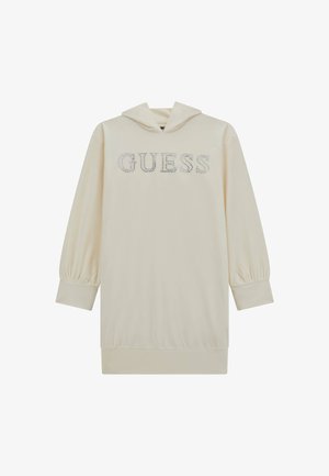 Krem haljina s kapuljačom i dugim balon rukavima, s rhinestones logom "GUESS" na prednjoj strani i rebrastim donjim rubom.