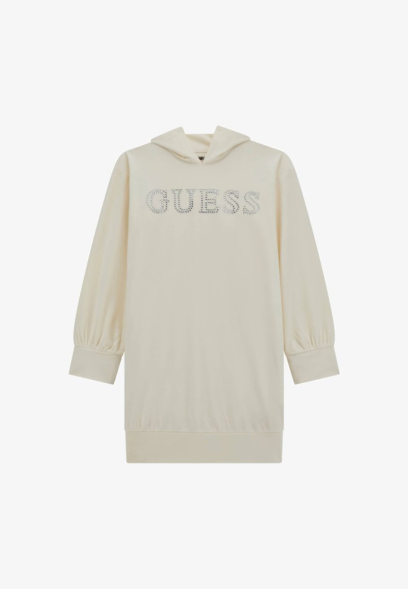 Krém színű kapucnis ruha hosszú puff ujjal, elöl strasszos "GUESS" logóval és bordázott szegéllyel.