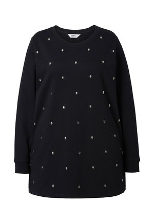 Granatowy sweatshirt z długimi rękawami, ozdobiony srebrnymi ćwiekami ułożonymi w rozproszony wzór. Wykonany z mieszanki bawełny, z okrągłym dekoltem.
