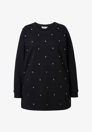 Marineblaues Sweatshirt mit langen Ärmeln, versehen mit silbernen Nieten, die in einem verstreuten Muster angeordnet sind. Hergestellt aus Baumwollmischung mit rundem Halsausschnitt.
