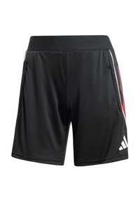 Black athletic shorts with a wide waistband, side pockets, white and red accent stripes, and a white logo on the lower left leg.