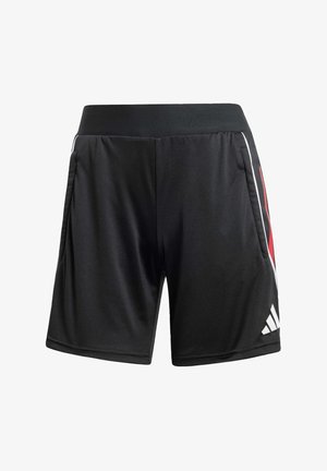 Pantaloni sportivi neri con un'ampia vita, tasche laterali, strisce di accento bianche e rosse e un logo bianco sulla parte inferiore della gamba sinistra.