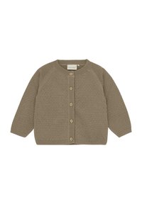 Tan stickad cardigan med ett strukturerat mönster, rund halsringning och knäppning med knappar. Har långa raglanärmar och ribbade mudd cuffs.
