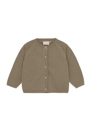 Beige Strickjacke mit strukturiertem Muster, rundem Halsausschnitt und Knopfschluss. Mit langen Raglanärmeln und gerippten Bündchen.