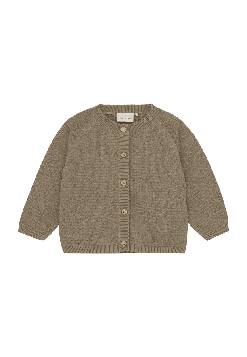 Tan stickad cardigan med ett strukturerat mönster, rund halsringning och knäppning med knappar. Har långa raglanärmar och ribbade mudd cuffs.