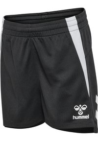 Sorte atletikshorts med hvide sidelister og hummel-logo på den nederste front, med elastik i taljen.