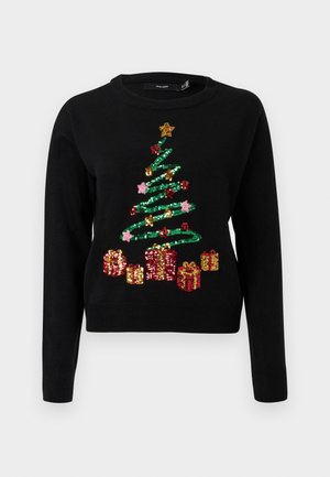 Pull noir avec un design d'arbre de Noël en sequins, orné d'ornements colorés et de cadeaux rouges et dorés à la base.