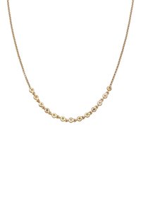 Guldhalskæde med runde led med små åbne centre, afsluttet med en delikat kæde og en jævn tekstur hele vejen igennem.
