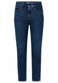 Jean en denim bleu foncé avec une coupe slim, taille haute et design classique à 5 poches. Fini avec une fermeture éclair et un bouton en métal.