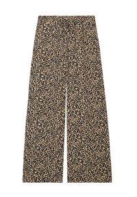 Pantalon à jambes larges imprimé léopard en marron clair et noir, avec une taille élastique. Confectionné en tissu doux et léger avec une texture lisse.