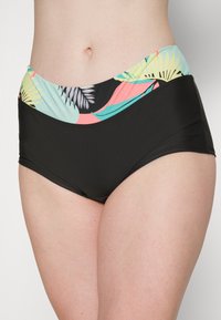 Høyt liv bikini-bunn med svart hoveddel og en flerfarget tropisk mønster i midjen. Mykt, stretch stoff for komfort.