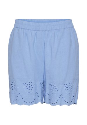 Svetlo modré bavlnené šortky s elastickým pásom, s vyšívanými kvetinovými vzormi na leme a s vlnitými okrajmi.