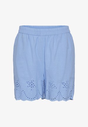 Hellblaue Baumwollshorts mit einem elastischen Bund, verziert mit gestickten Blumenmustern am Saum und gewellten Kanten.