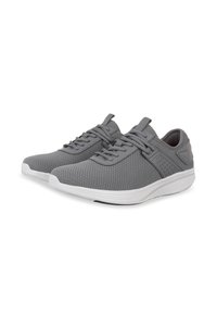 Gray mesh sneakers with a textured upper, laces, and white rubber sole. Features subtle accents and a minimalist design.