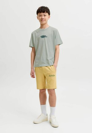 Adolescent garçon debout portant un t-shirt vert clair Jack & Jones, short jaune avec logo, chaussettes blanches et baskets blanches sur fond uni.