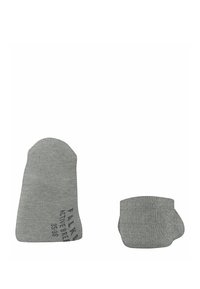 Grau Baumwollsocken, die zusammen ausgestellt sind: eine Crew-Länge mit glatter Textur und Logo-Detail sowie eine knöchellange Socke mit einem ähnlichen Design.