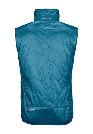 Blue sleeveless vest with diamond quilted pattern, made from lightweight material. Features a high collar and Swisswool logo at the hem.
