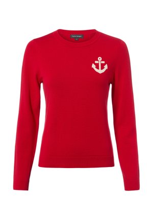 Rode gebreide trui met lange mouwen, ronde hals en wit ankerembleem op de linkerborst, maat small van Franco Callegari.