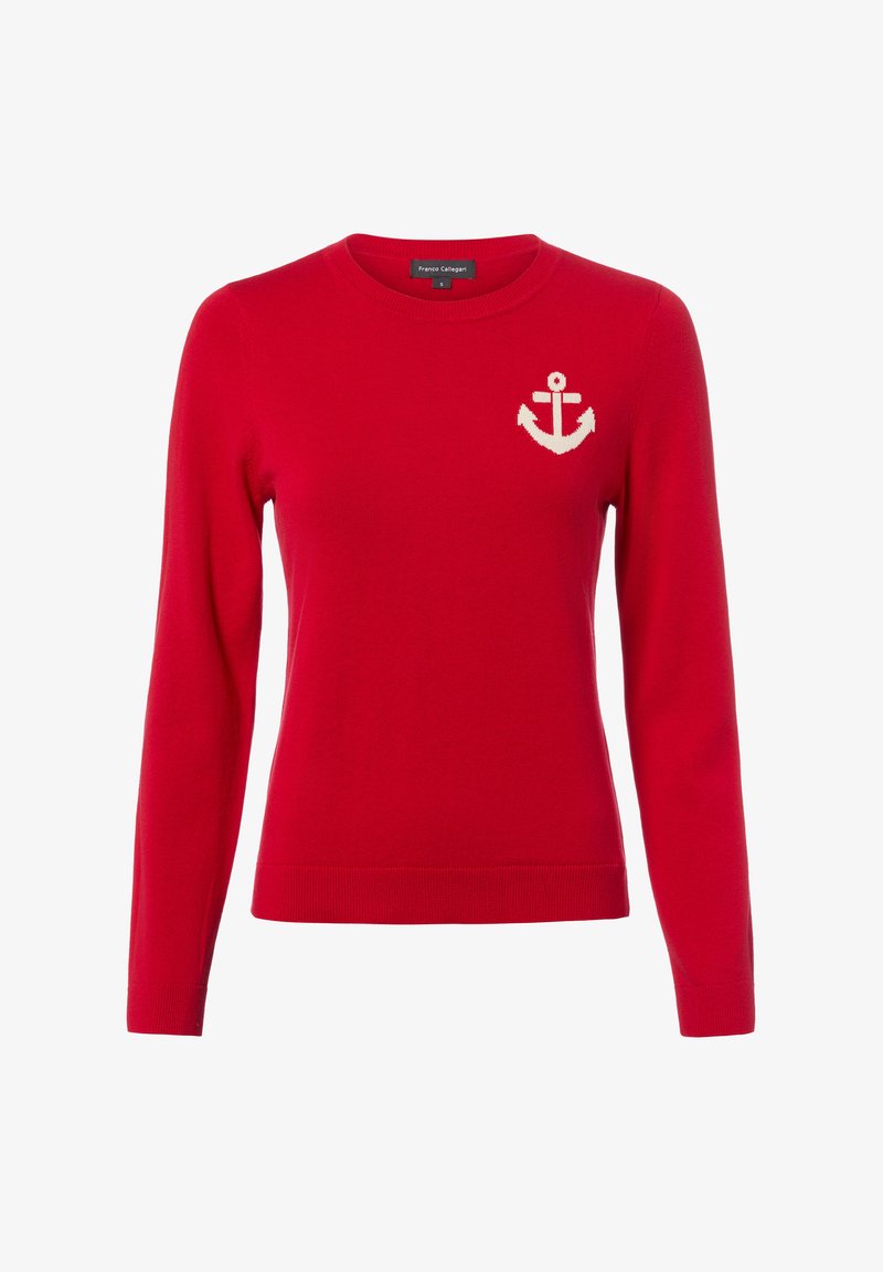 Roter, langärmeliger Strickpullover mit Rundhalsausschnitt und weißem Anker-Emblem auf der linken Brust, Größe S von Franco Callegari.
