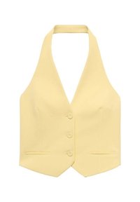 Žlutá bezrukávová vesta s hlubokým V-výstřihem, třemi knoflíky a dvěma předními kapsami. Vyrobena z hladké tkaniny s přiléhavým střihem.