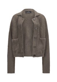 Langärmlige, flauschige graue Strickjacke mit vorderem Knopfverschluss, zwei Vordertaschen und einem kleinen Kragen-Detail.