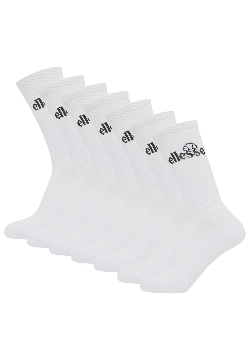 Ensemble de six chaussettes blanches en mélange de coton. Bords côtelés, logo noir, longueur moyenne. Texture lisse, design avec orteil et talon renforcés.