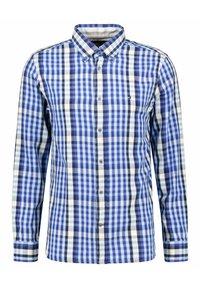 Blauw-wit geruit overhemd met knopen, lange mouwen, klassieke kraag, met zwarte accenten en een klein logo op de borst.