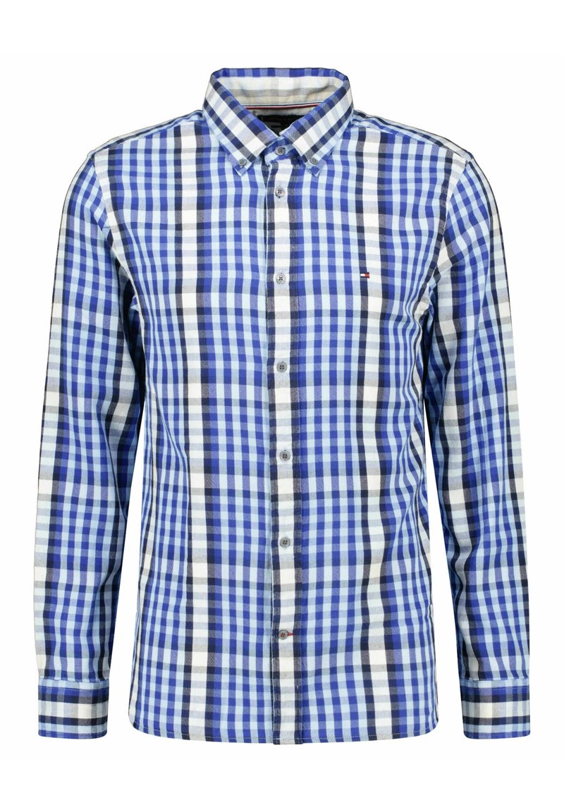 Blauw-wit geruit overhemd met knopen, lange mouwen, klassieke kraag, met zwarte accenten en een klein logo op de borst.