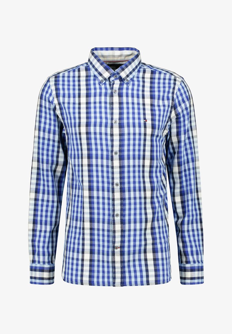 Blauw-wit geruit overhemd met knopen, lange mouwen, klassieke kraag, met zwarte accenten en een klein logo op de borst.