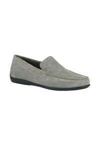 Mocassini in suede grigi con punta arrotondata e dettagli cuciti. Pannelli laterali elasticizzati e suola in gomma nera. Design classico slip-on.