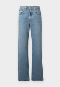 Ανοικτού ινδigo μπλε τζιν, μεσαίου βάρους denim, σχέδιο ίσιας δομής, τυπικό στυλ πέντε τσεπών, με διακριτική ραφή και μεταλλικό κουμπί.