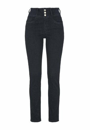 Højtaljede sorte jeans i denim med fem lommer og tre knaplukninger, der har en slank, tætsiddende silhuet og minimal syning.