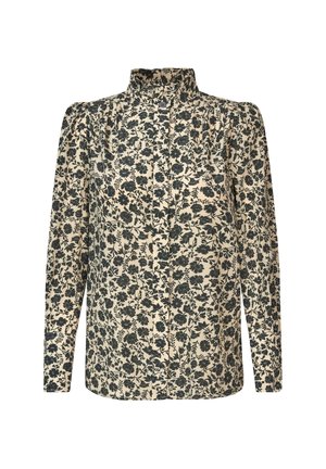Camicia a maniche lunghe in beige chiaro con un motivo floreale nero, caratterizzata da un colletto alto e spalle arricciate per un design strutturato.