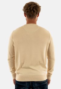 Maglione beige a maglia con maniche lunghe e scollatura rotonda. Design aderente con polsini e vita a costine, texture liscia.