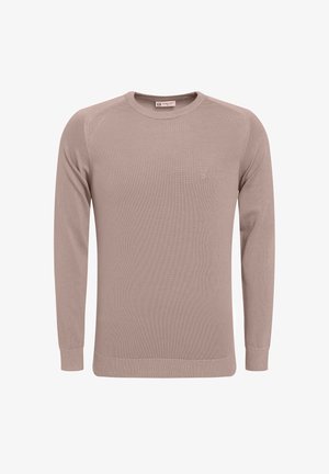 Helepruun pikkade varrukatega soe kampsun ribadega ääriste ja alläärtega, sile tekstuur, ümmargune kaelus, millel on rinnal väike logo.