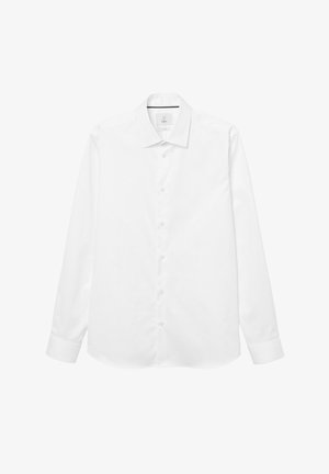 Hvid langærmet skjorte lavet af glat stof, med klassisk krave, knaplukning foran og knappede manchetter i et rent, minimalistisk design.