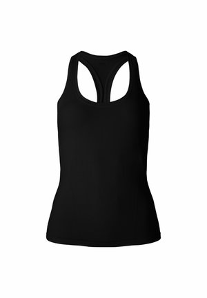 Schwarzes ärmelloses Damen-Sporttop mit Racerback-Design, tailliertem Schnitt und Rundhalsausschnitt.