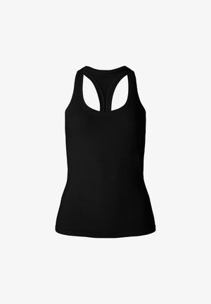 Schwarzes ärmelloses Damen-Sporttop mit Racerback-Design, tailliertem Schnitt und Rundhalsausschnitt.