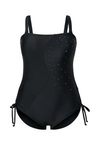Černé plavky s nastavovacími ramínky, řasenými bočními stranami a dekoračními rhinestony na jedné straně. Hladká, elastická tkanina; klasický jednodílný design.