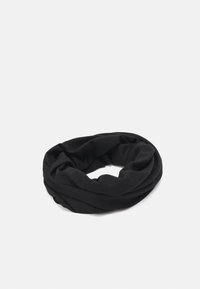 Sort, cirkulær uendelighedsscarf lavet af blødt, letvægtsstof, med en glat tekstur og lagdelt design for en tæt pasform.