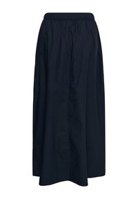 Longue jupe noire avec taille élastique, coupe droite et design simple, présentée sur un fond blanc uni.