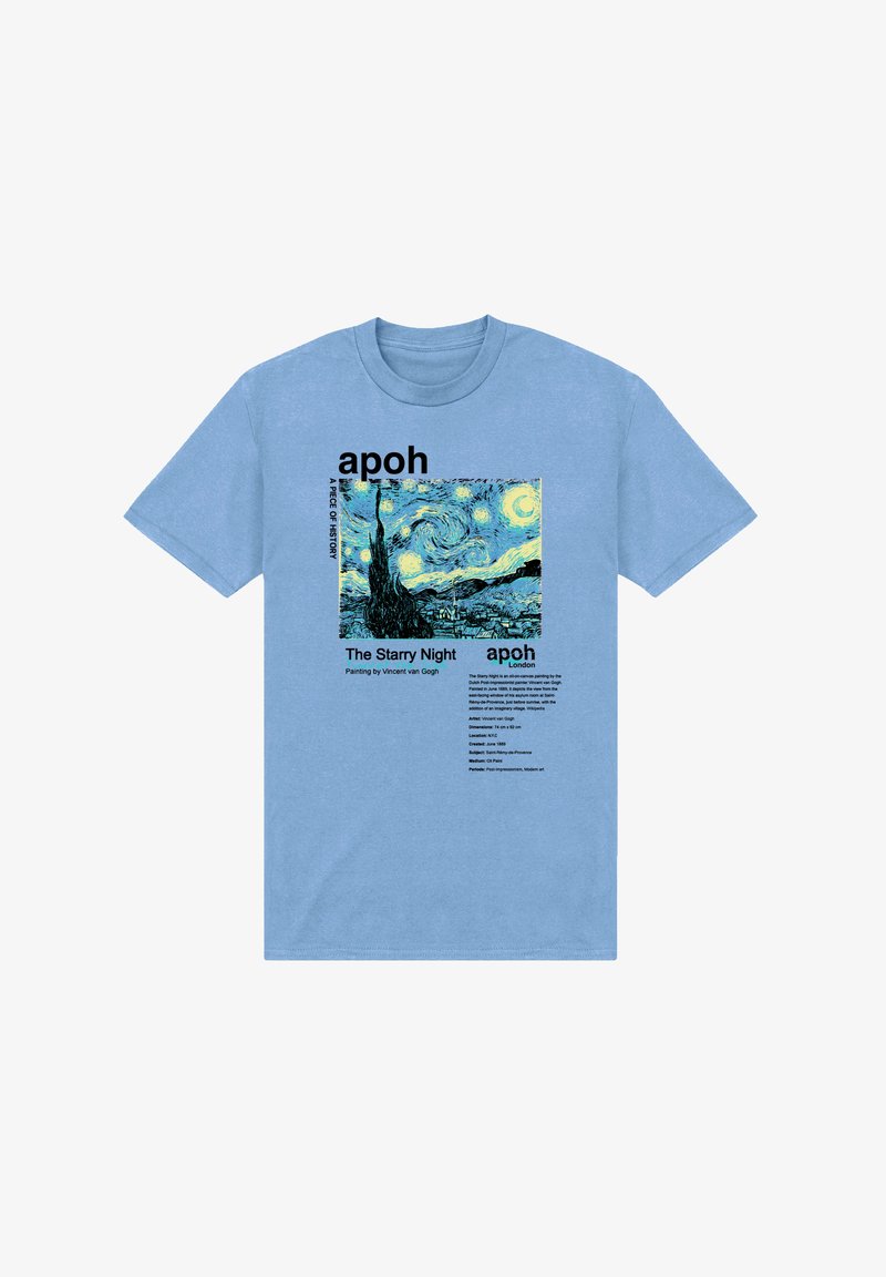 Světle modré tričko s motivem obrazu "Hvězdná noc" od Vincenta van Gogha, doplněné textem popisujícím dílo a brandingem "apoh London".