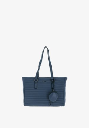 Sac cabas bleu marine avec un motif de rayures verticales en relief, deux poignées et une pochette ronde amovible fixée par une sangle.