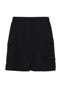 Schwarze Shorts aus Baumwolle mit einem elastischen Bund, ausgestattet mit zwei Seitentaschen und einem geraden, lässigen Schnitt. Einfaches und funktionales Design.