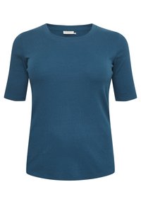 Teal kortærmet t-shirt med rund halsudskæring, ribbet tekstur og lige kant. Fremstillet af blødt, strækbart stof.