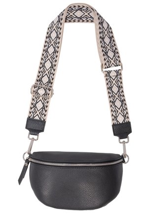 Black leather crossbody bag with a rounded shape, textured surface, and a patterned, adjustable strap featuring beige, black, and white colors.