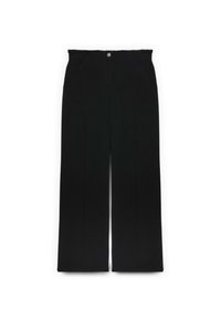 Szerokie czarne spodnie z gładkiego materiału. Posiadają zapięcie na guzik z przodu oraz dwie boczne kieszenie. Czysty, minimalistyczny design.